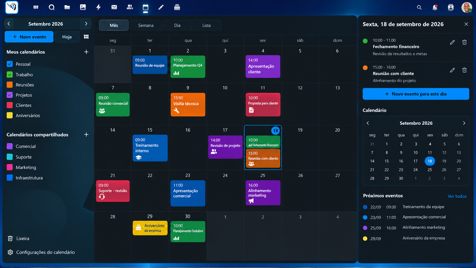 Calendário do Centrix Cloud com compromissos e calendários compartilhados
