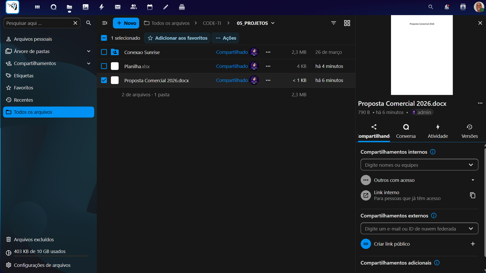 Opções de compartilhamento de arquivos exibidas no Centrix Cloud