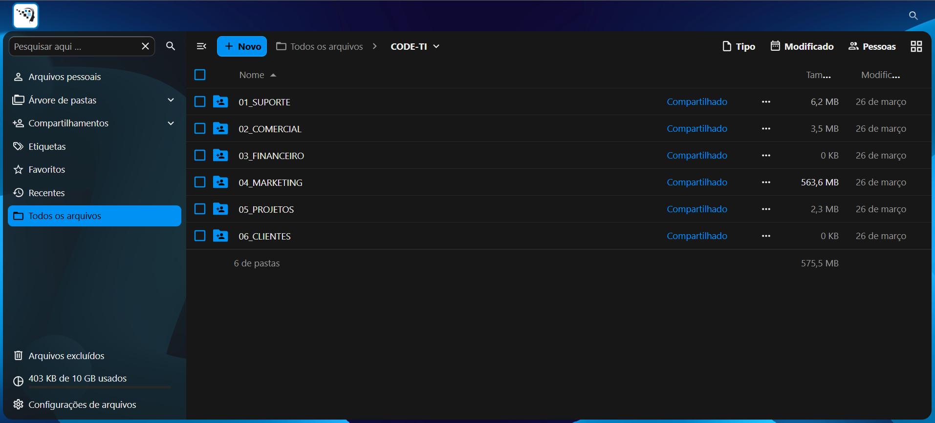 Interface real do Centrix Cloud com pastas empresariais organizadas