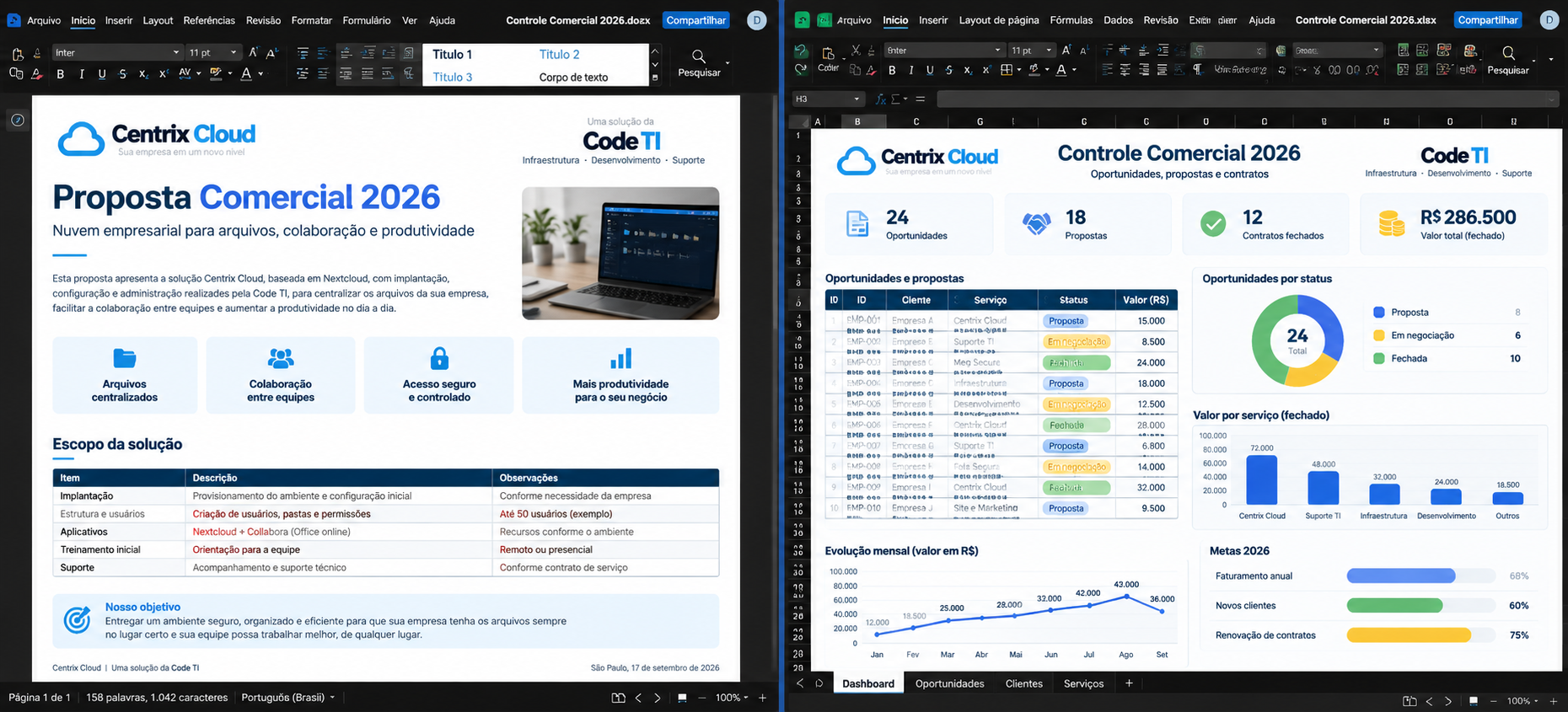 Documentos e planilha abertos no Office online Collabora do Centrix Cloud